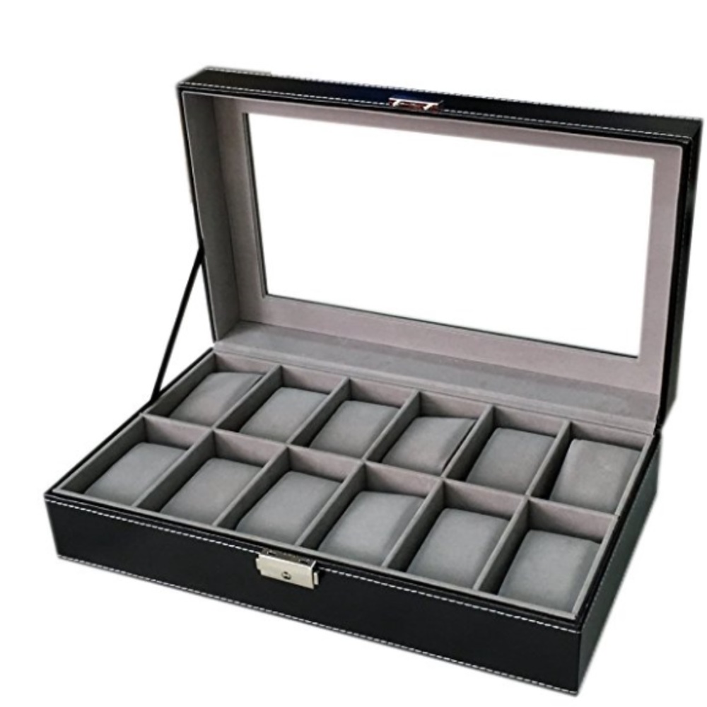 Watch Dislpay Box Organizer, Pu Leather with Glass